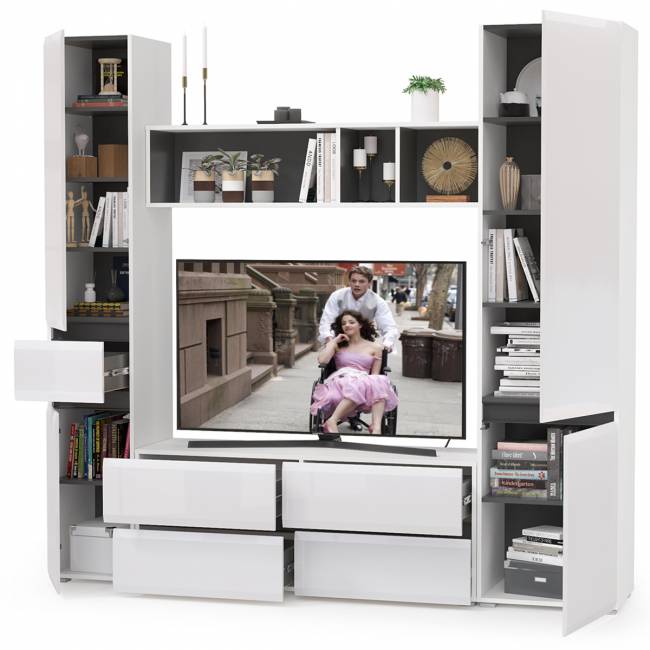 Стенка в гостиную Сидней № 21 цвет белый/чёрный/фасады МДФ белый глянец Стенка в гостиную Сидней № 21 цвет белый/чёрный/фасады МДФ белый глянец