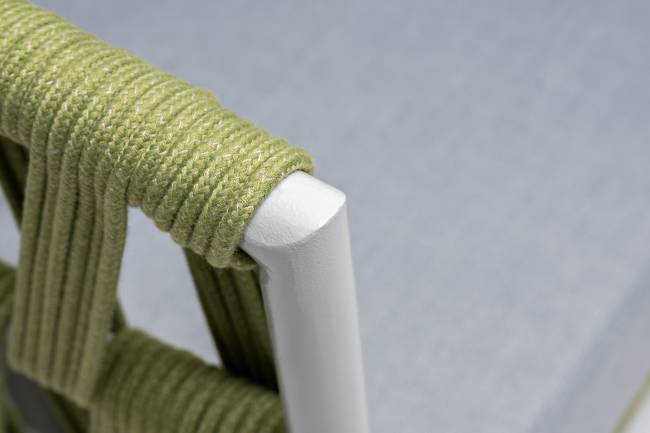 "Диего" диван 2-местный плетеный из роупа, каркас алюминий светло-серый (RAL7035) муар, роуп салатовый меланж круглый, ткань светло-серая