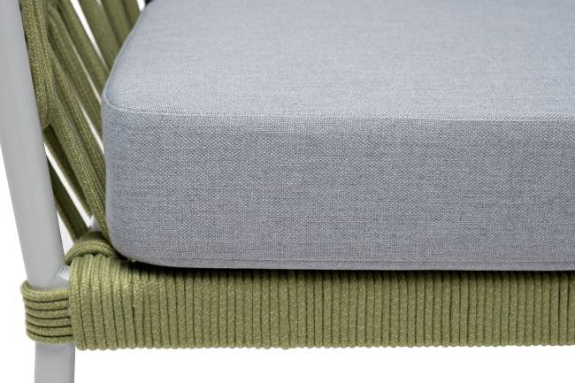 "Диего" диван 2-местный плетеный из роупа, каркас алюминий светло-серый (RAL7035) муар, роуп салатовый меланж круглый, ткань светло-серая