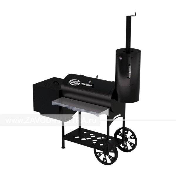 Гриль-Смокер казан XXL, из стали толщиной 5 мм, печь слева, в термостойкой покраске Гриль-Смокер казан XXL, из стали толщиной 5 мм, печь слева, в термостойкой покраске