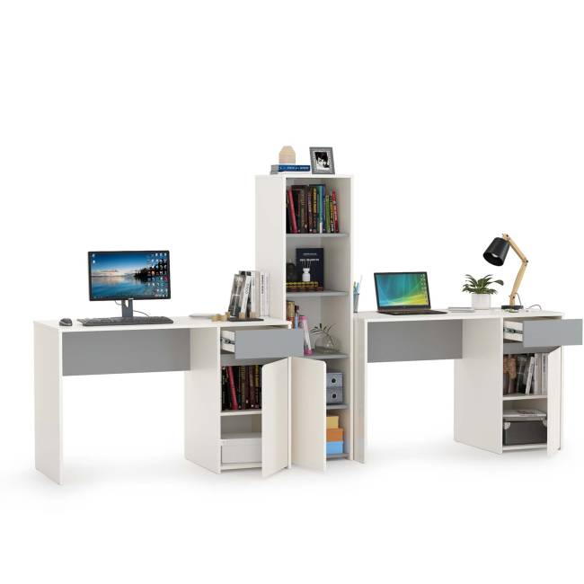 Два письменных стола и открытый стеллаж Торонто цвет белый шагрень/стальной серый