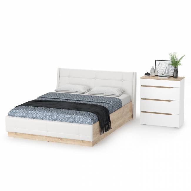 Комод Муссон с кроватью 1600 с подъёмным основанием цвет белый/дуб эндгрейн элегантный/кожзам белый Комод Муссон с кроватью 1600 с подъёмным основанием цвет белый/дуб эндгрейн элегантный/кожзам белый