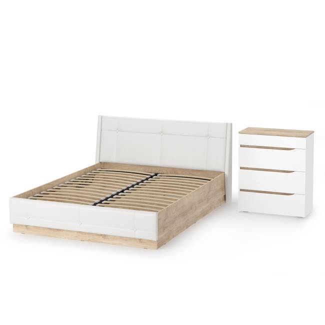 Комод Муссон с кроватью 1600 с подъёмным основанием цвет белый/дуб эндгрейн элегантный/кожзам белый Комод Муссон с кроватью 1600 с подъёмным основанием цвет белый/дуб эндгрейн элегантный/кожзам белый