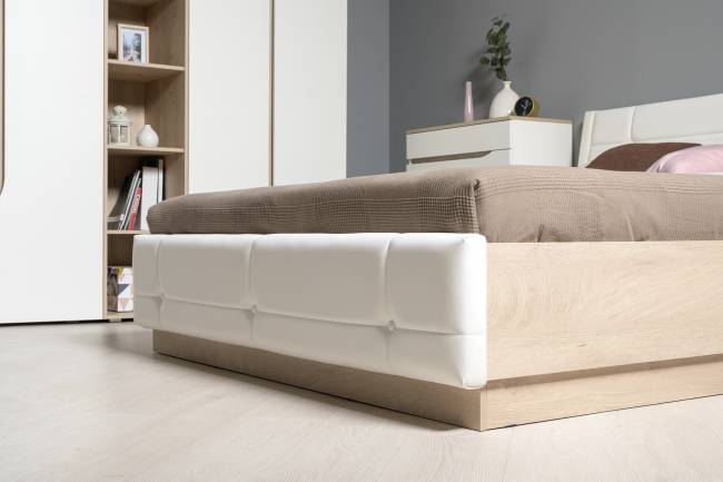 Комод Муссон с кроватью 1600 с подъёмным основанием цвет белый/дуб эндгрейн элегантный/кожзам белый Комод Муссон с кроватью 1600 с подъёмным основанием цвет белый/дуб эндгрейн элегантный/кожзам белый