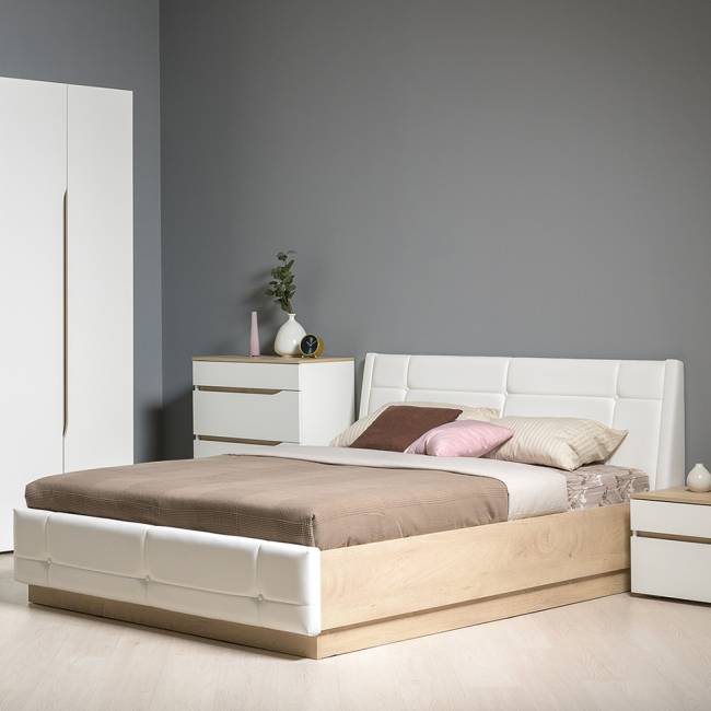 Комод Муссон с кроватью 1600 с подъёмным основанием цвет белый/дуб эндгрейн элегантный/кожзам белый Комод Муссон с кроватью 1600 с подъёмным основанием цвет белый/дуб эндгрейн элегантный/кожзам белый