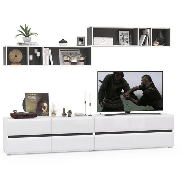 Две ТВ тумбы Сидней с полками цвет белый/чёрный/фасады МДФ белый глянец