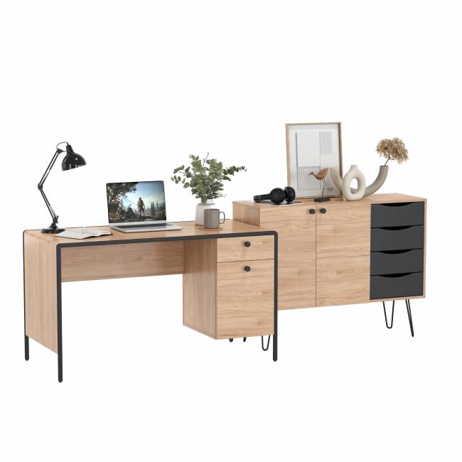 Брюс письменный стол с комодом цвет чёрный/Battle rock Santiago/столешница МДФ ель карпатская