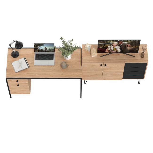 Брюс письменный стол с комодом цвет чёрный/Battle rock Santiago/столешница МДФ ель карпатская