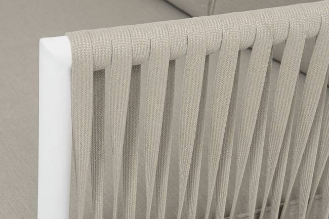 "Касабланка" диван 3-местный плетеный из роупа, каркас алюминий белый муар, роуп бежевый 20мм, ткань бежевая 052